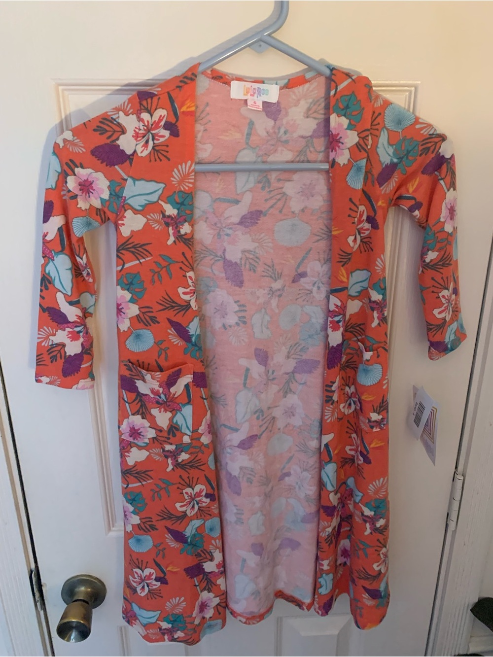Coral floral-print open-front long cardigan by LuLaRoe featuring front patch poc